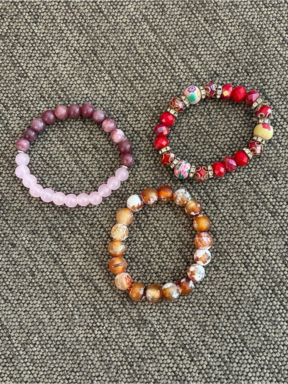 Women’s Beaded Stretch Bracelet - Red, Pink, Brown, Glass and Gemstone Set of 3